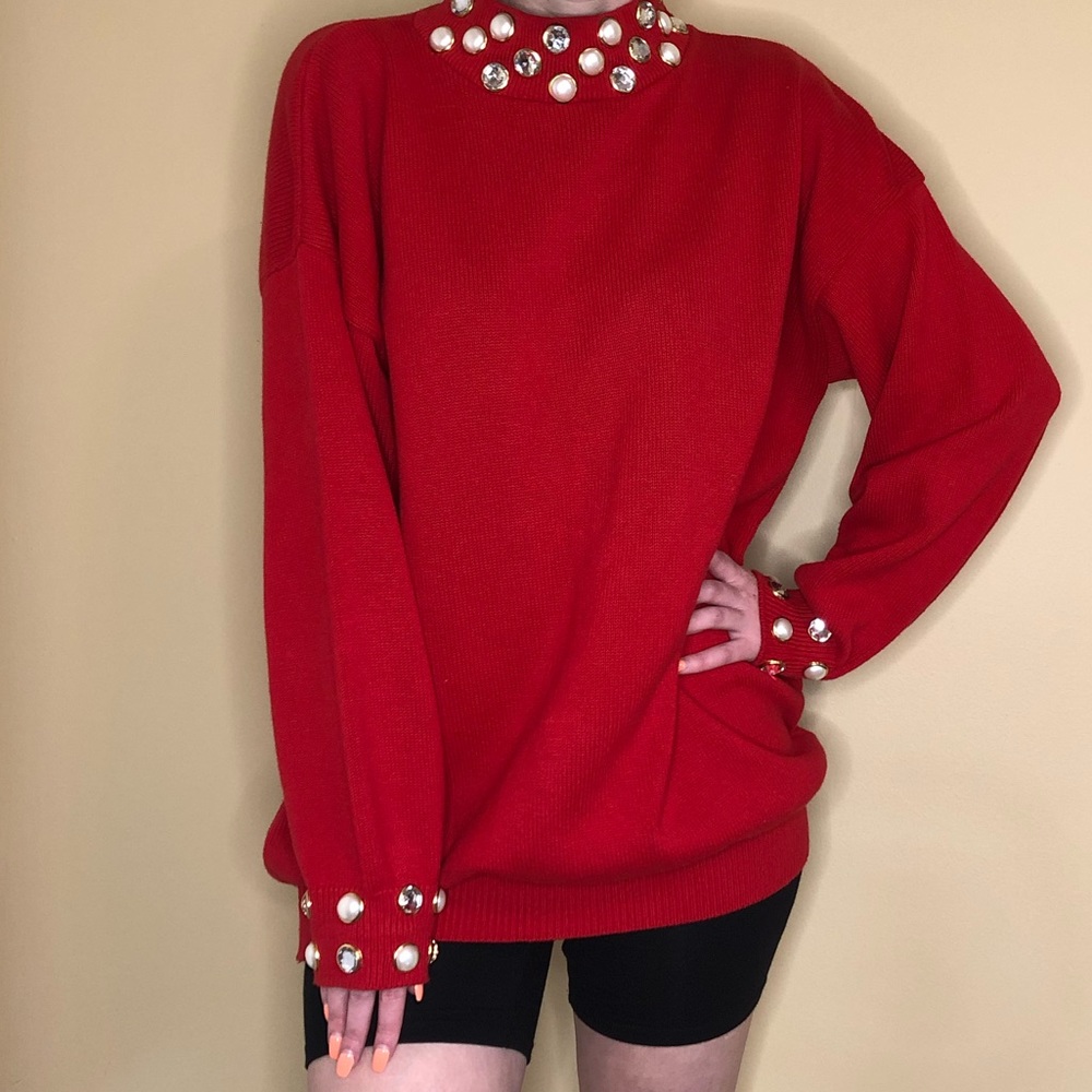 Red Jewel-Embellished Women's Sweater